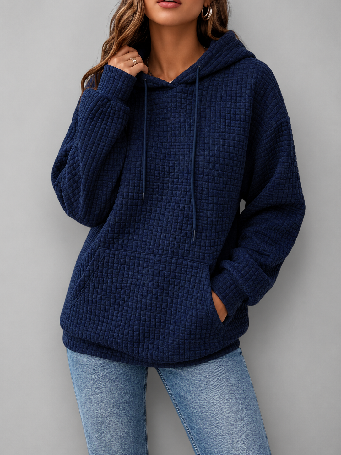 Elisa Damen Hoodie mit Waffelstruktur in Marineblau und Kängurutasche
