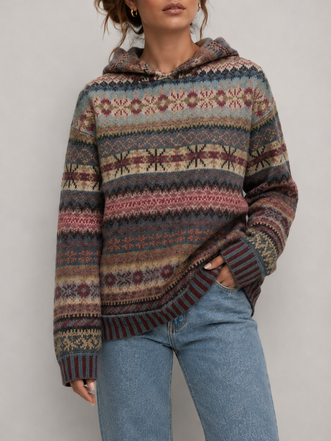Vera Damen Hoodie aus Strick mit Fair-Isle-Muster in Weinrot